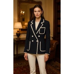 La Reve Navy Blue Blazer sz S Fringe Trim Double Breasted Elegant Women's Jacket